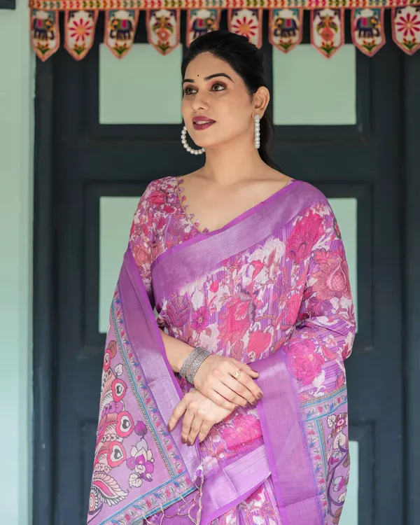 Purple_Cotton_Floral_Printed_Saree_For_Women