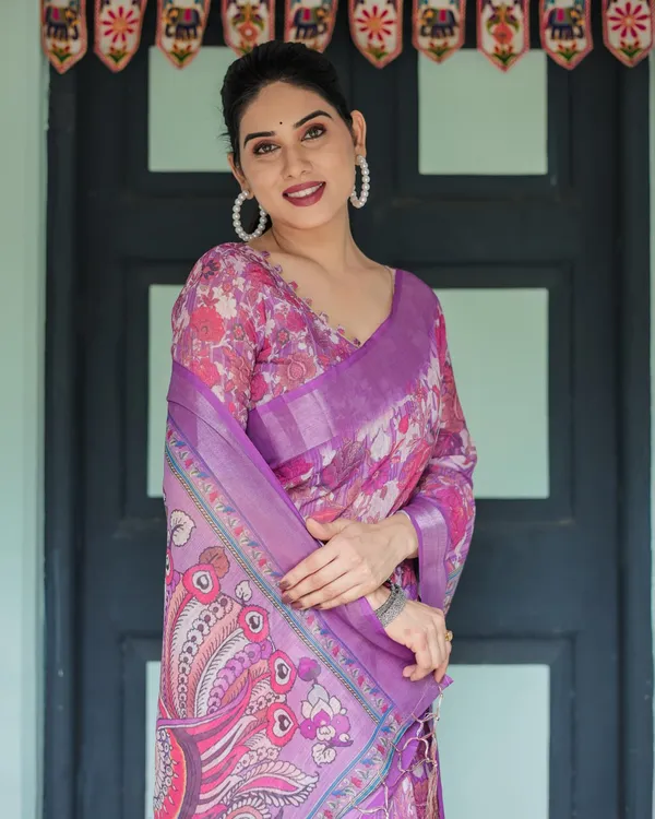 Purple_Cotton_Floral_Printed_Saree_For_Women