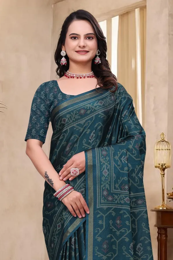 Teal_Cotton_Traditional_Printed_Saree_For_Women