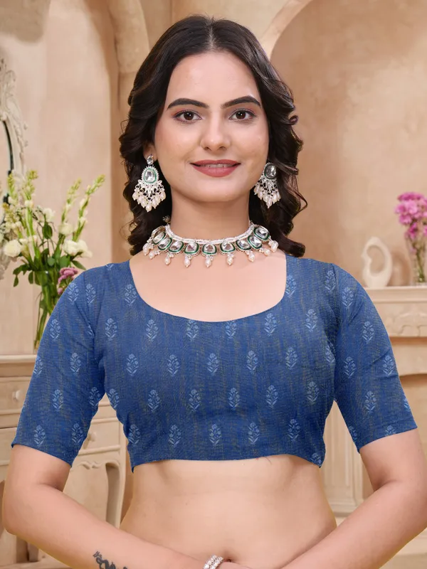 Blue_Cotton_Floral_Printed_Saree_With_Blouse_For_Women