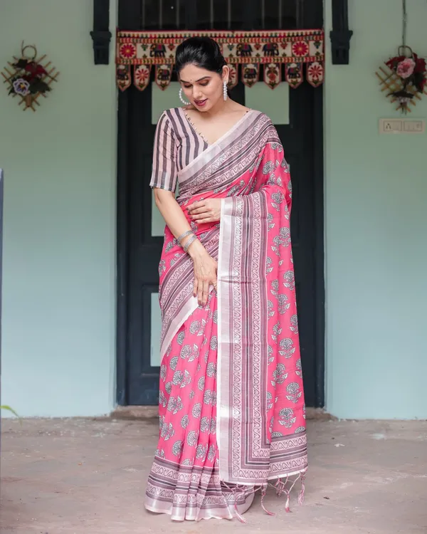 Pink_Cotton_Floral_Printed_Saree_For_Women