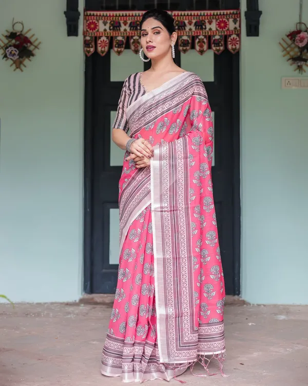 Pink_Cotton_Floral_Printed_Saree_For_Women