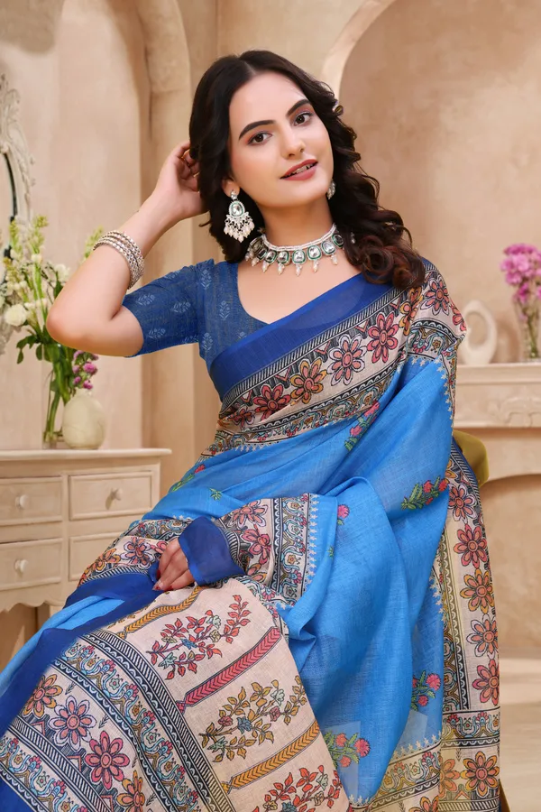 Blue_Cotton_Floral_Printed_Saree_With_Blouse_For_Women