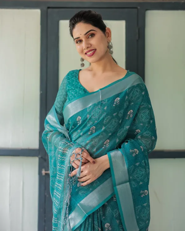 Teal_Cotton_Printed_Saree_For_Women