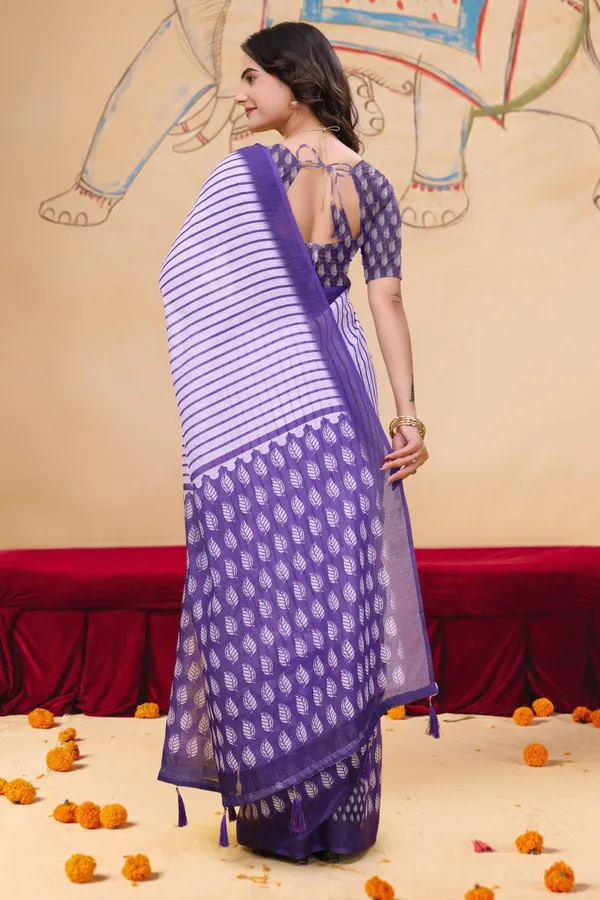 Purple_Cotton_Striped_Leaf_Print_Saree_For_Women