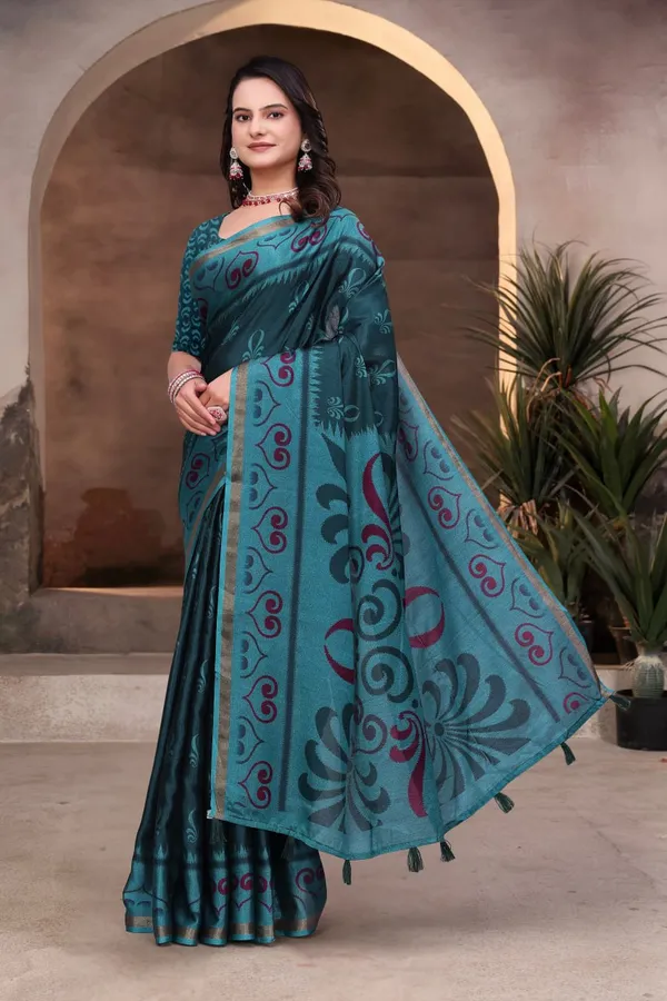 Teal_Cotton_Floral_Print_Saree_For_Women