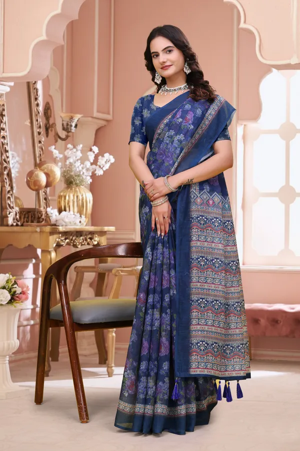 Blue_Cotton_Floral_Printed_Saree_For_Women