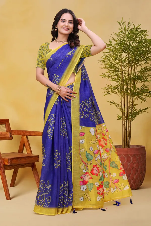 Blue_Cotton_Floral_Printed_Saree_For_Women