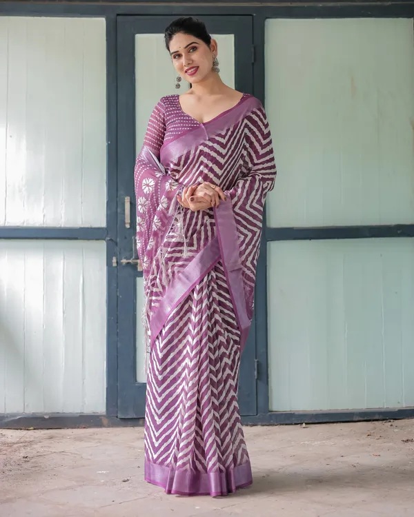 Purple_Cotton_Geometric_Zigzag_Printed_Saree_For_Women