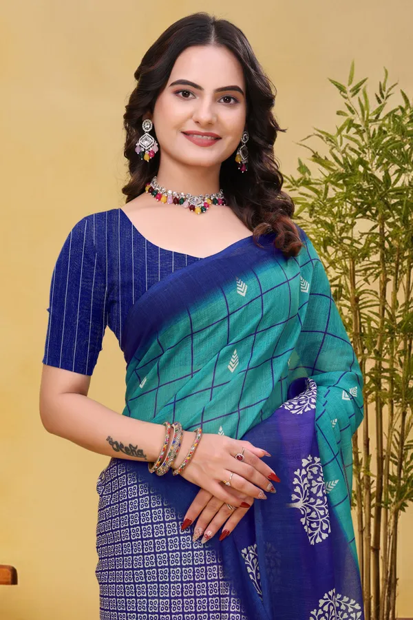 Teal_Blue_Cotton_Geometric_Check_Printed_Saree_For_Women