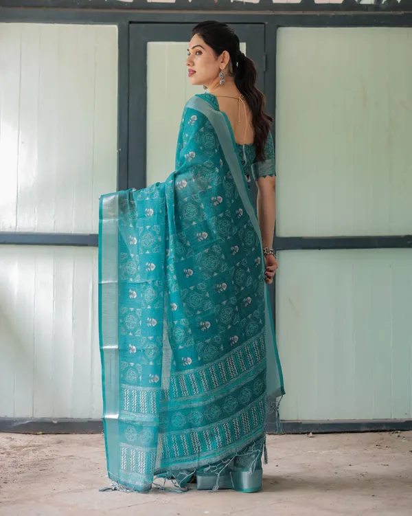 Teal_Cotton_Printed_Saree_For_Women