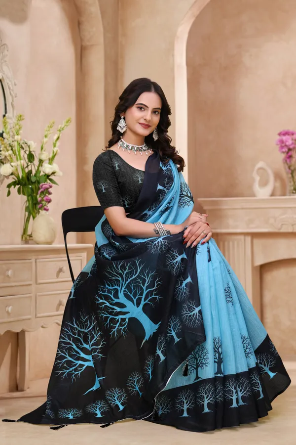 Blue_Black_Cotton_Tree_Motif_Printed_Saree_For_Women