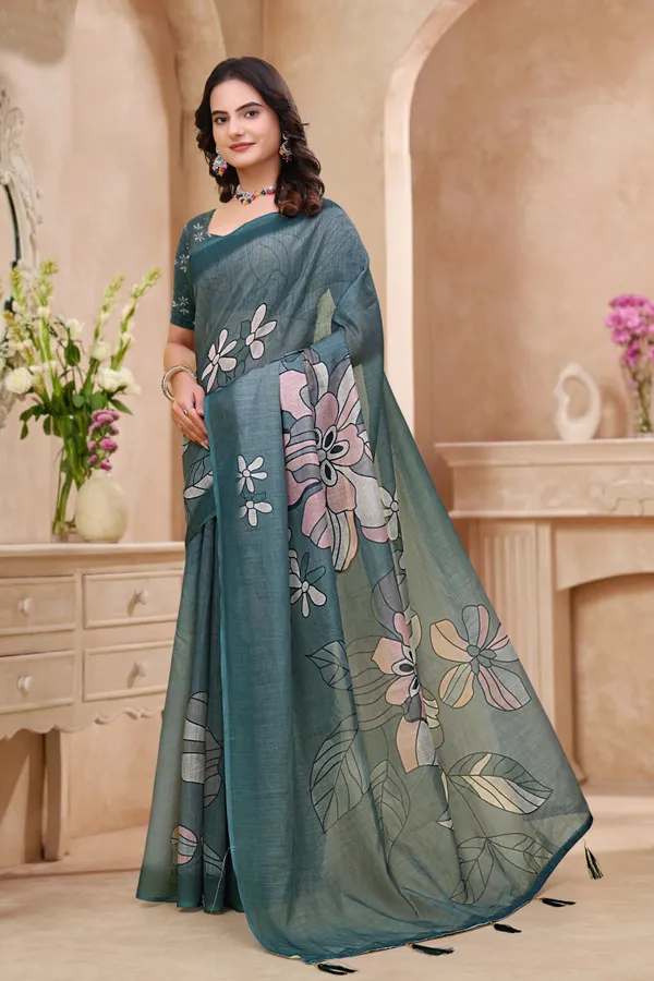 Teal_Cotton_Floral_Printed_Saree_With_Blouse_For_Women