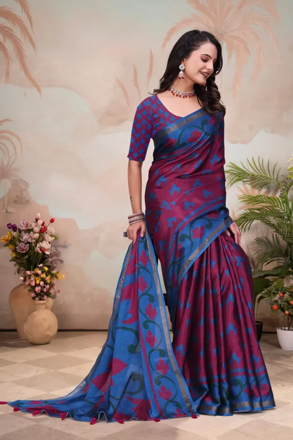 Blue_Maroon_Cotton_Floral_Vine_Printed_Saree_For_Women