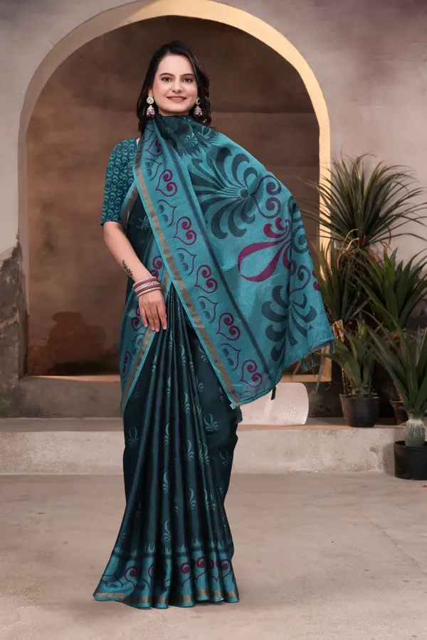 Teal_Cotton_Floral_Print_Saree_For_Women