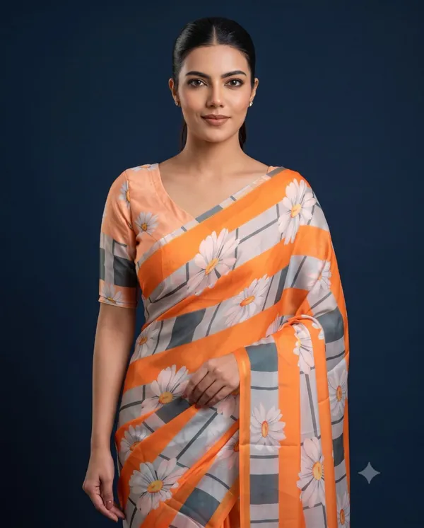 Orange_Grey_Cotton_Floral_Printed_Saree_For_Women