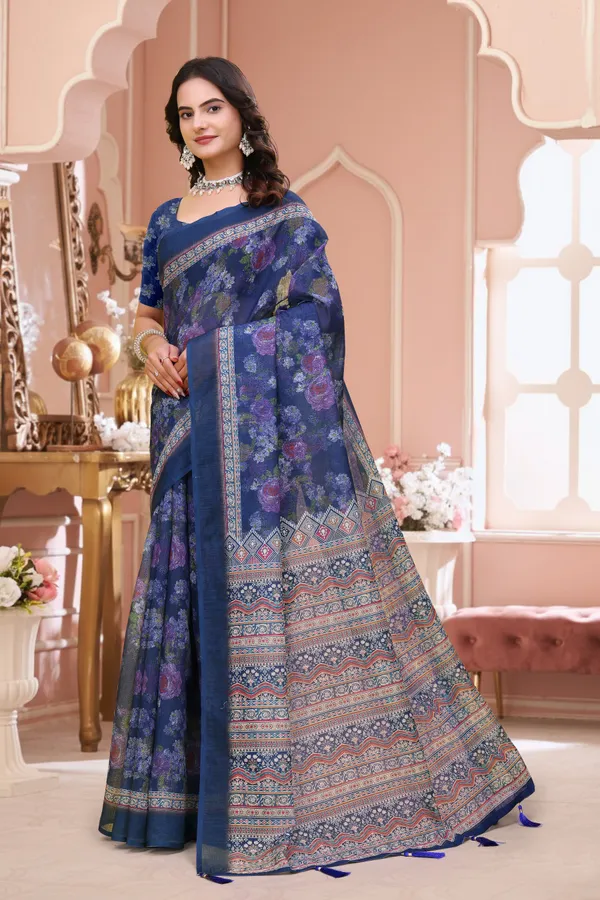 Blue_Cotton_Floral_Printed_Saree_For_Women