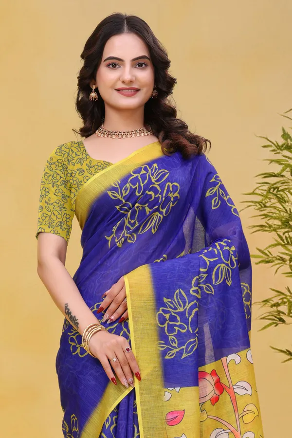 Blue_Cotton_Floral_Printed_Saree_For_Women