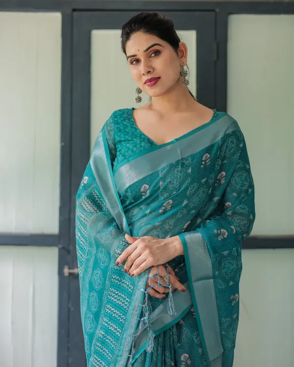 Teal_Cotton_Printed_Saree_For_Women
