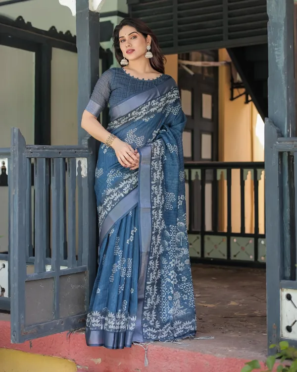 Blue_Cotton_Floral_Printed_Saree_For_Women