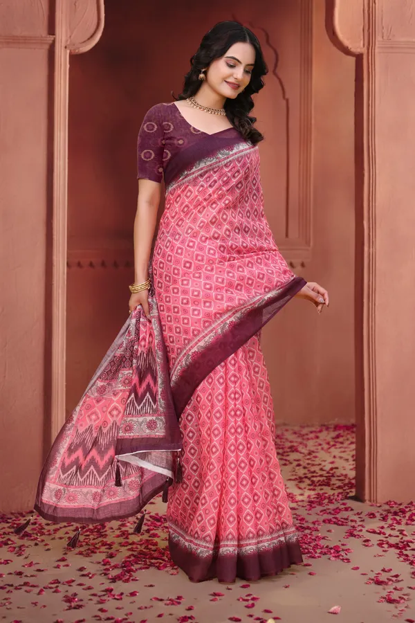 Pink_Cotton_Geometric_Print_Saree_With_Blouse_For_Women