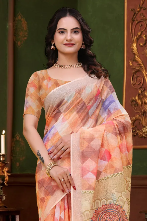 Peach_Cotton_Geometric_Paisley_Printed_Saree_For_Women