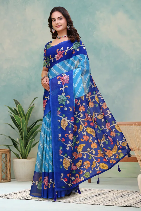 Blue_Cotton_Floral_Printed_Saree_For_Women