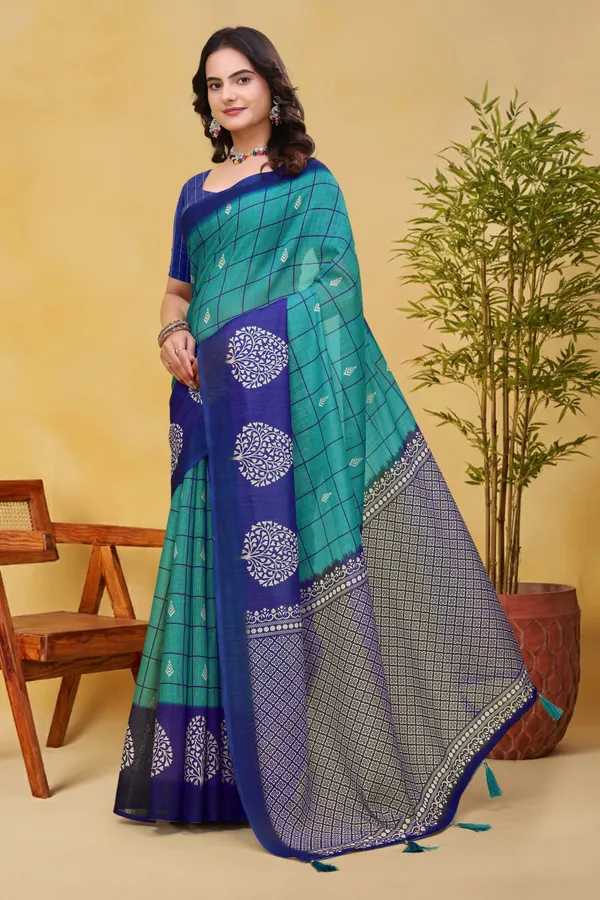Teal_Blue_Cotton_Geometric_Check_Printed_Saree_For_Women