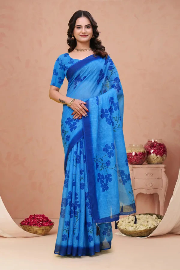Blue_Cotton_Floral_Printed_Saree_For_Women