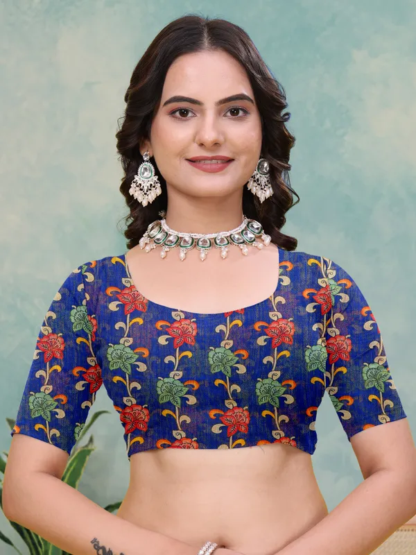 Blue_Cotton_Floral_Printed_Saree_For_Women
