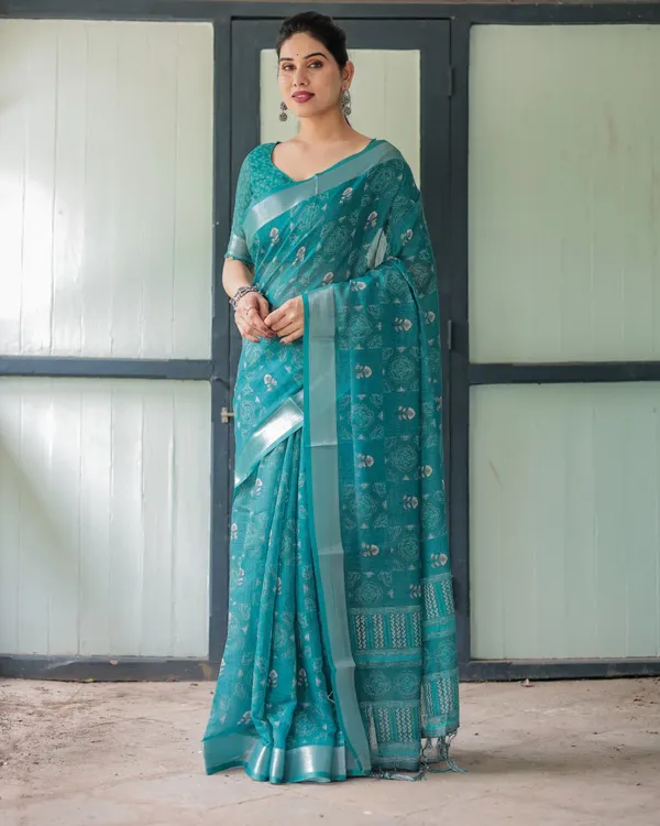 Teal_Cotton_Printed_Saree_For_Women