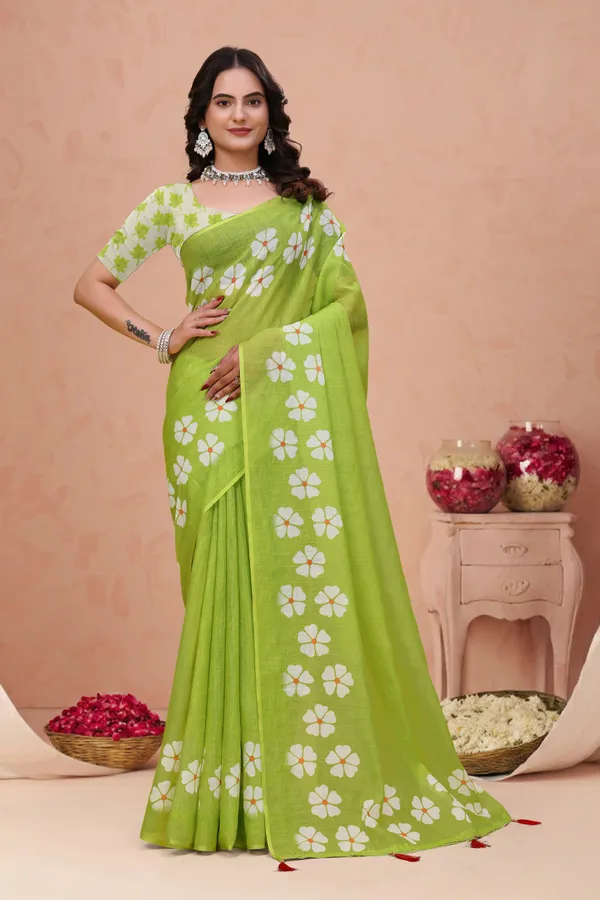 Green_Cotton_Floral_Printed_Saree_For_Women