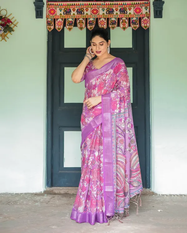 Purple_Cotton_Floral_Printed_Saree_For_Women