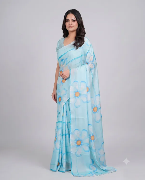 Light_Blue_Cotton_Floral_Print_Saree_For_Women