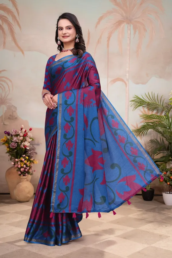 Blue_Maroon_Cotton_Floral_Vine_Printed_Saree_For_Women