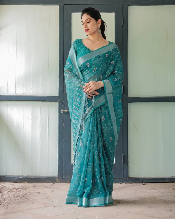 Teal_Cotton_Printed_Saree_For_Women
