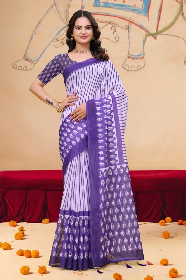 Purple_Cotton_Striped_Leaf_Print_Saree_For_Women
