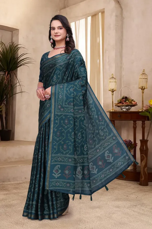 Teal_Cotton_Traditional_Printed_Saree_For_Women