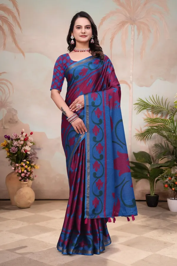 Blue_Maroon_Cotton_Floral_Vine_Printed_Saree_For_Women