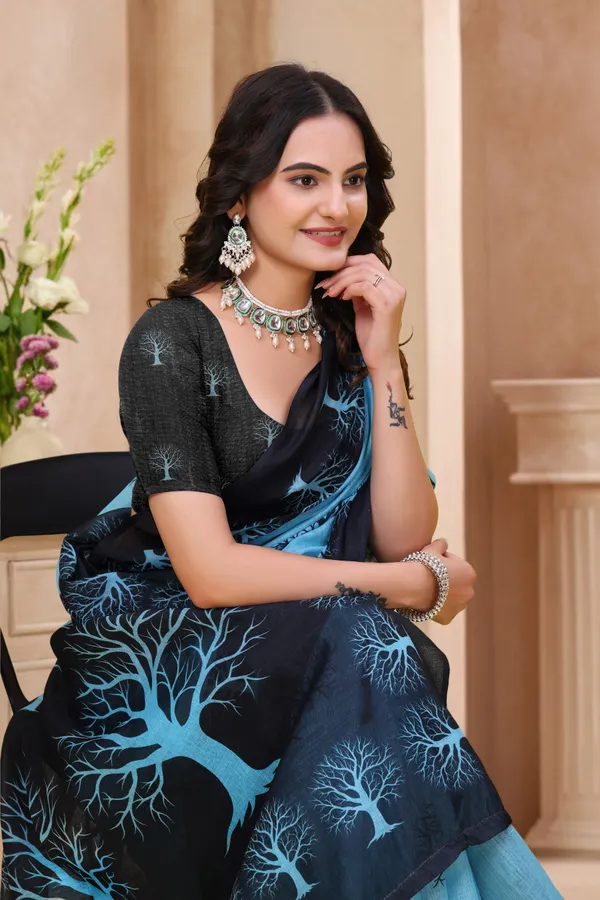 Blue_Black_Cotton_Tree_Motif_Printed_Saree_For_Women