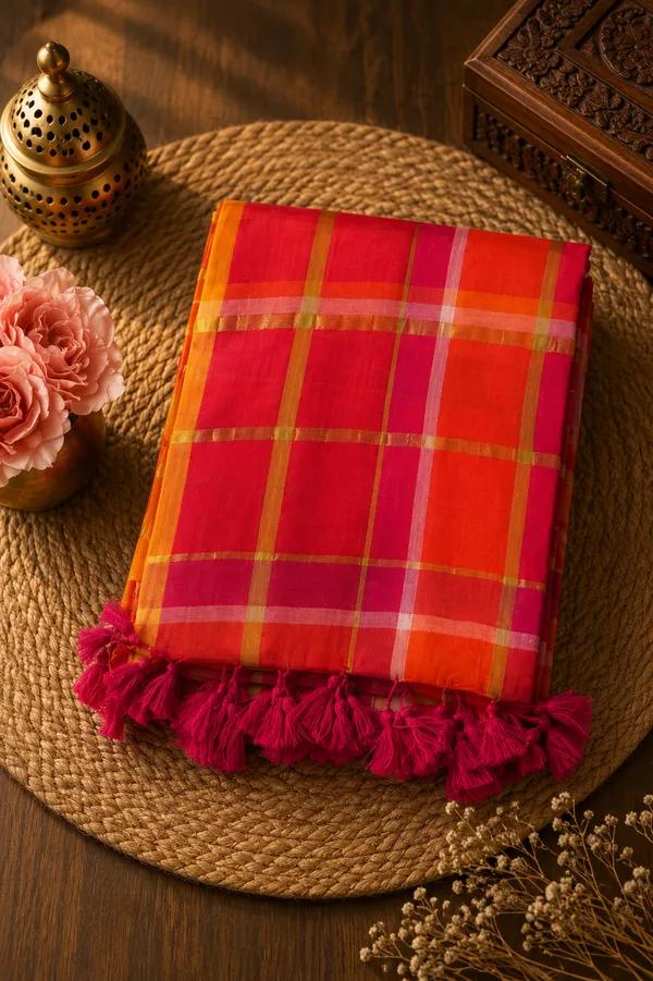 Pink_and_Orange_checks_Mul_Saree