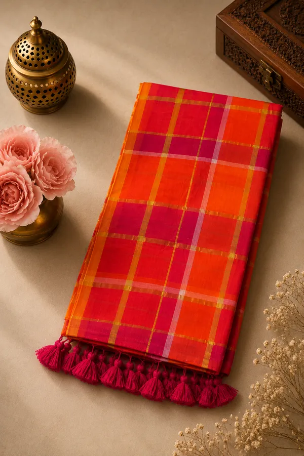 Pink_and_Orange_checks_Mul_Saree