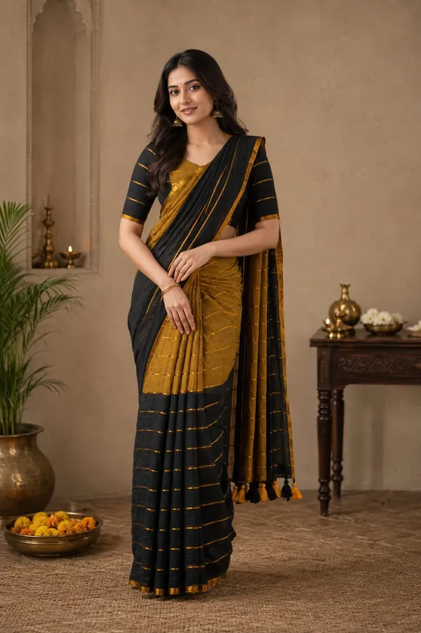 Black_and_Gold_Zari_lines_Half_and_Half_pattern_Mul_Saree