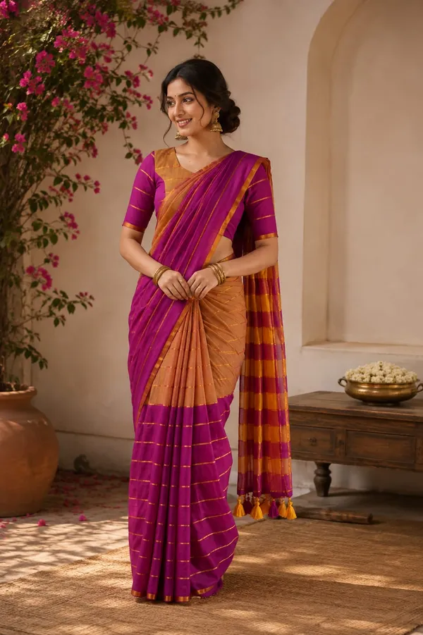 Wine_and_Yellow_Zari_lines_Half_and_Half_pattern_Mul_Saree