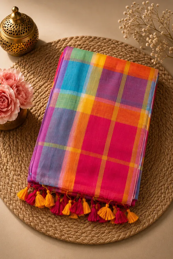 Blue_Orange_Checks_Mul_Saree