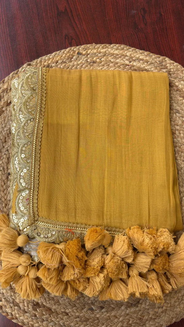 Raga_Gold_color_with_Gold_Lace_and_big_Tassels_Mul_Tissue_Saree