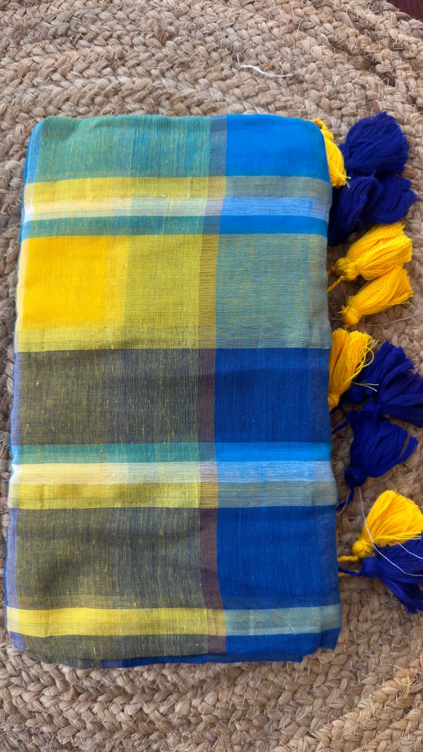 Blue_Yellow_checks_pattern_Mul_Saree