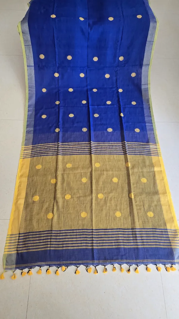Blue_Linen_Khadi_Ball_Saree_For_Women