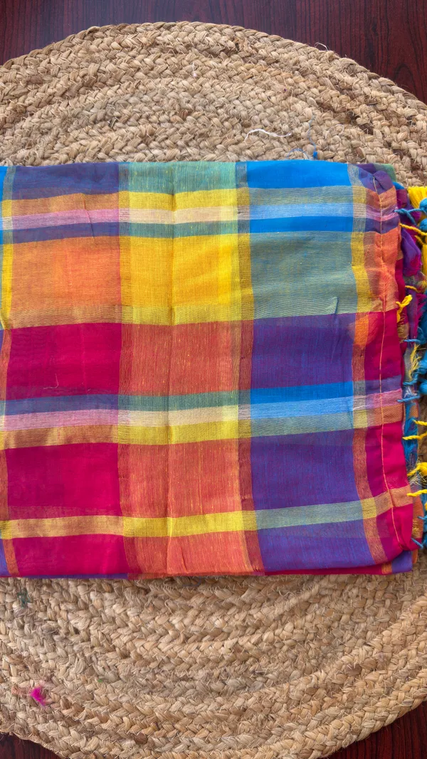 Blue_Orange_Checks_Mul_Saree