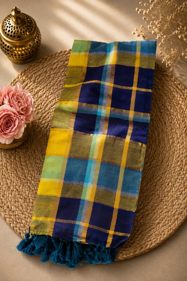 Blue_Yellow_checks_pattern_Mul_Saree